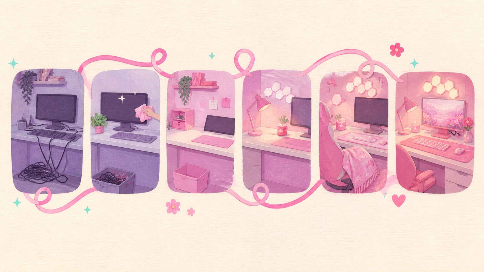 Six illustrated stages showing a cluttered gaming desk becoming a cozy pink setup over one weekend