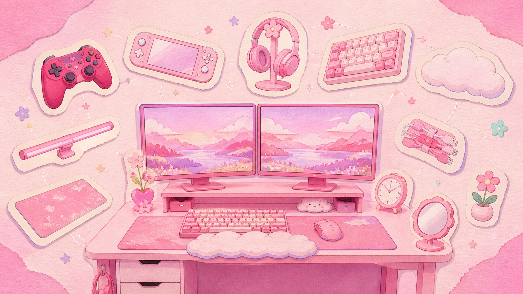 Illustrated tour of a pink dual-monitor gaming desk surrounded by Andrea’s favorite setup pieces