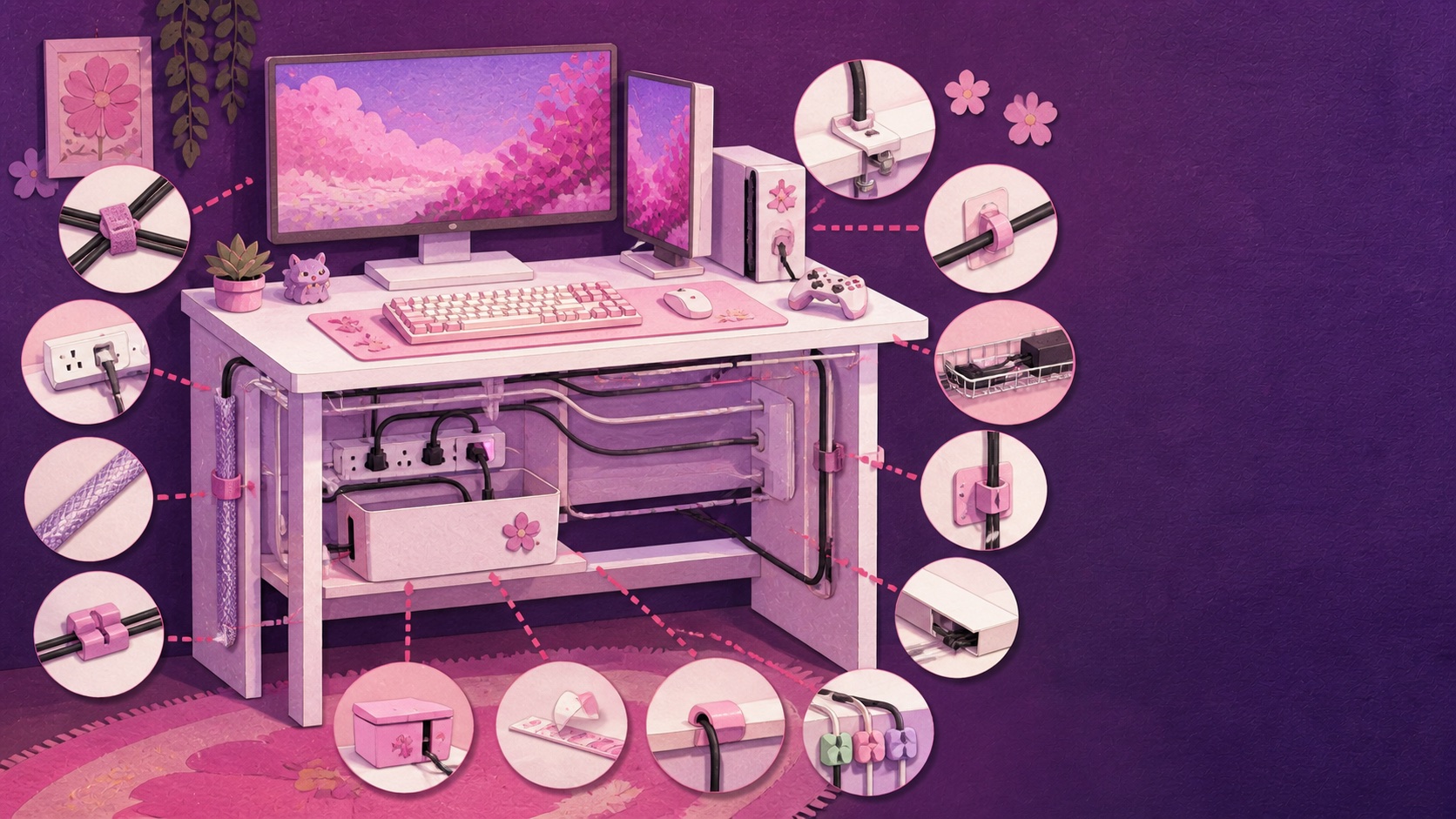 Illustrated cutaway of thirteen no-drill cable management methods under a small gaming desk