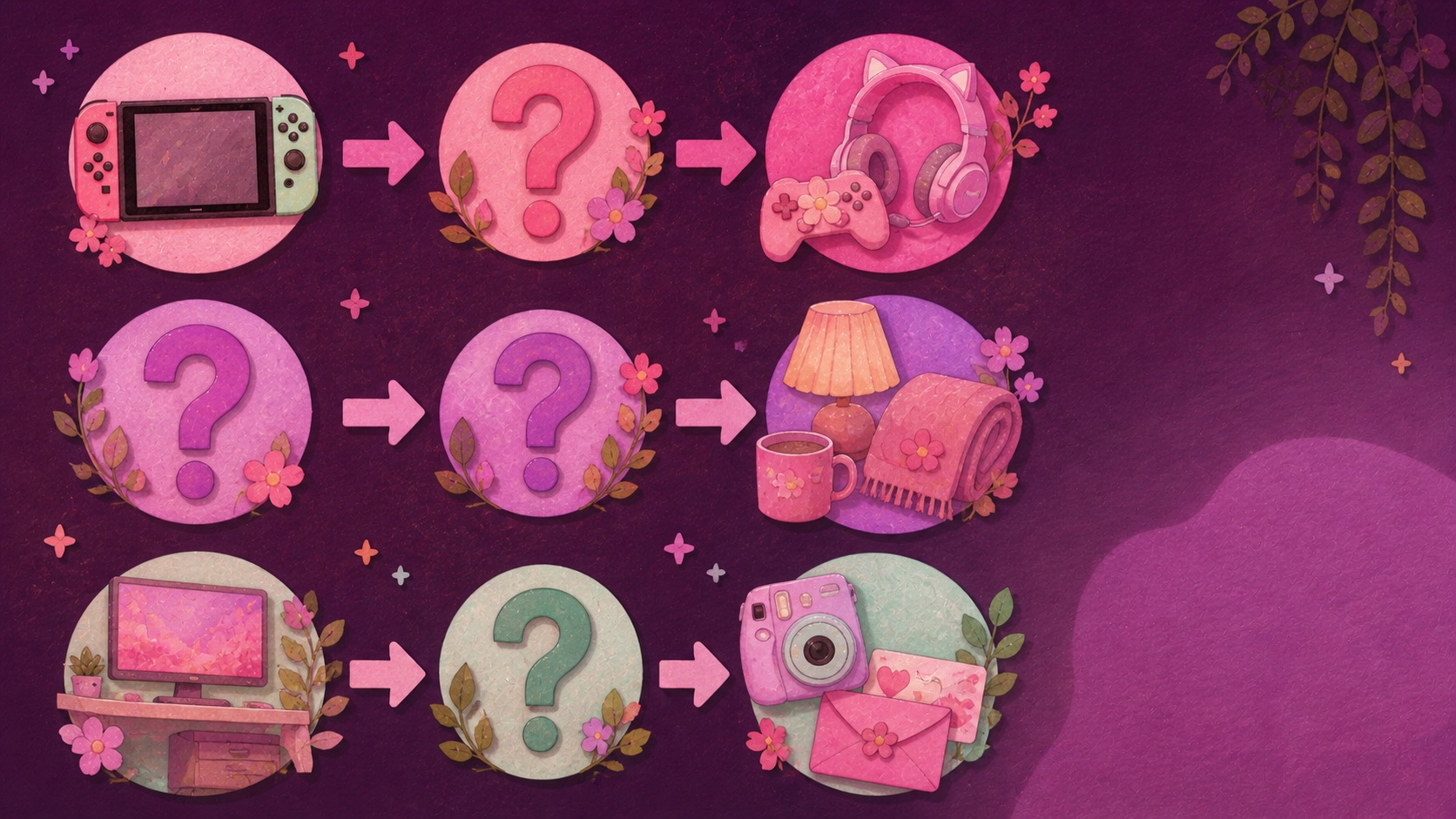 Illustrated decision paths for choosing a gaming gift when the console or desk is unknown