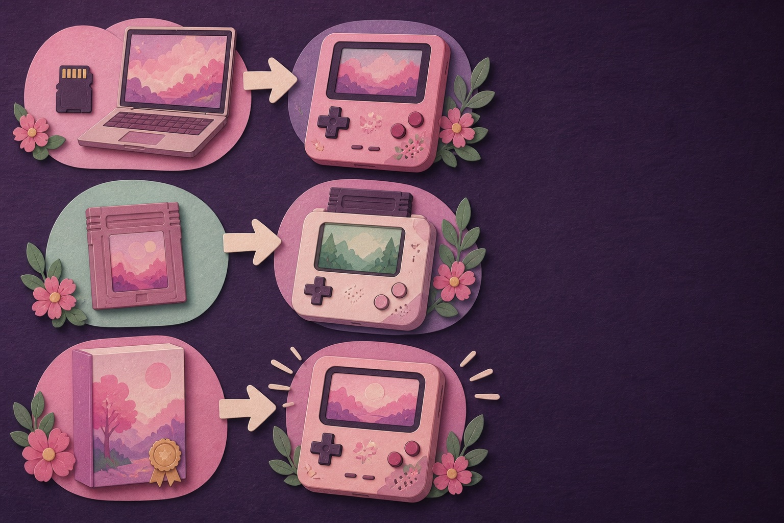 Illustrated map showing games reaching handheld consoles from memory cards, cartridges and licensed collections