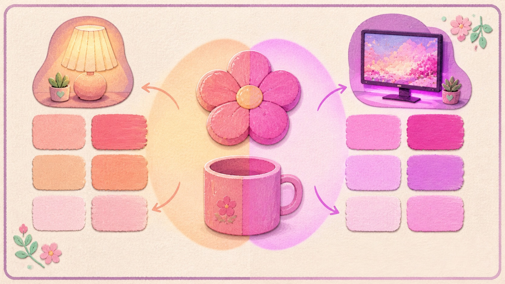 Illustrated warm and cool pink swatches changing under different gaming setup lights