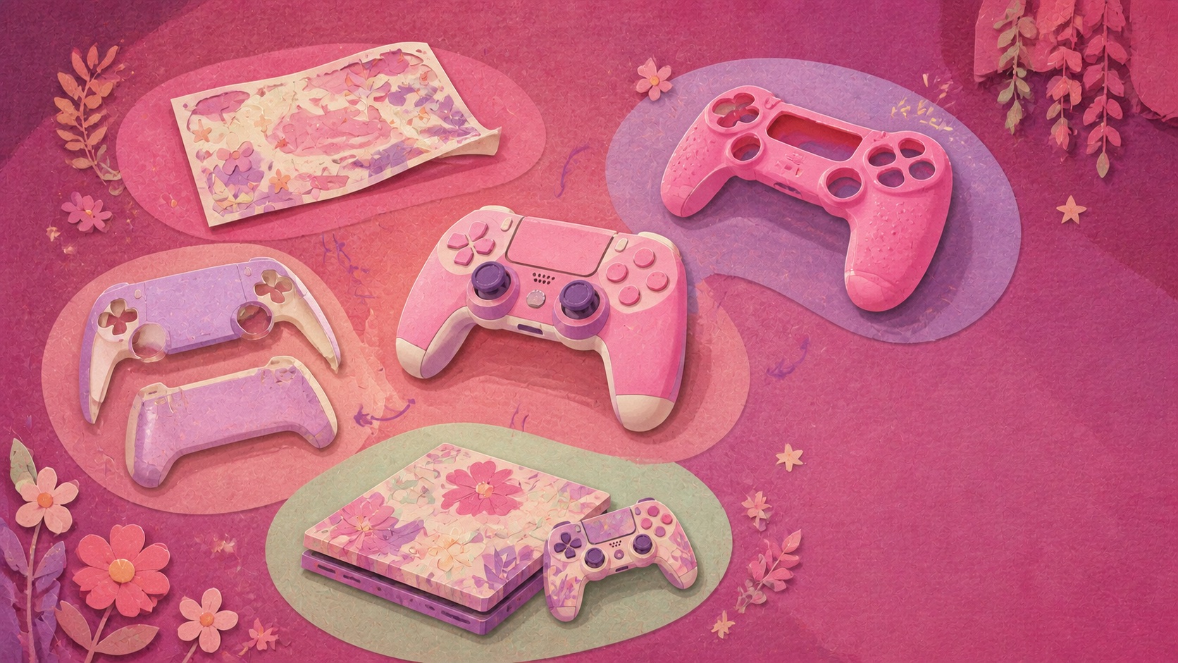 Illustrated vinyl, silicone, hard-shell and full-wrap controller skin types around a pink controller