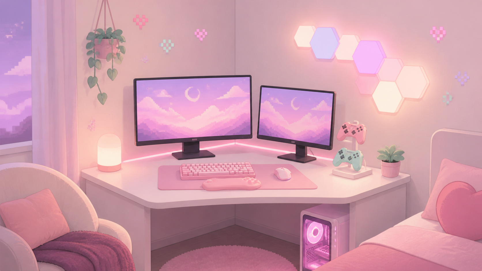 Illustration of a cozy pink gaming setup tucked into a small bedroom corner