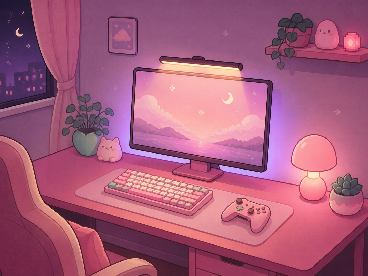 Illustration showing a warm monitor light, lilac backlight and small pink lamp layered around a gaming desk