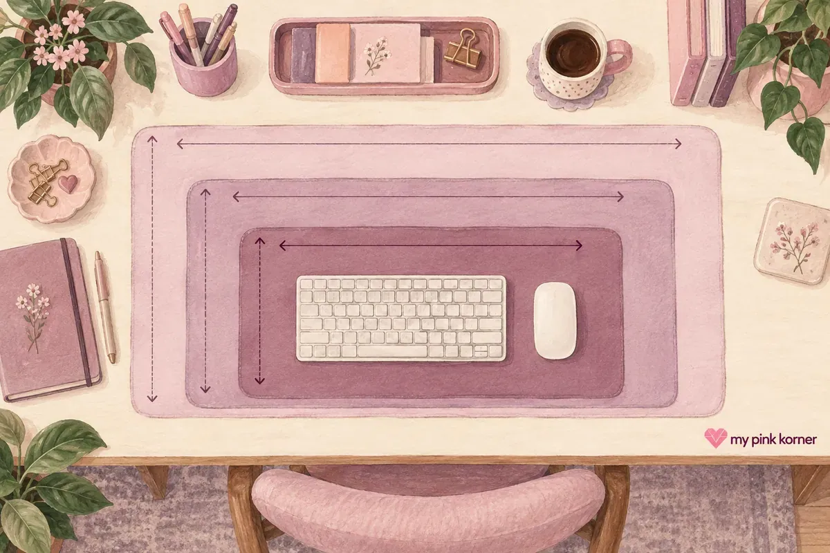 Illustrated desk-mat sizing guide comparing depth, width and keyboard space on a small desk