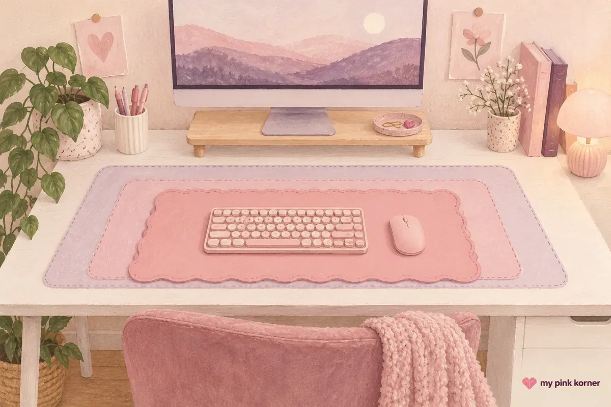Soft hand-painted pink desk with three correctly scaled desk mats showing small, medium and full-width fits