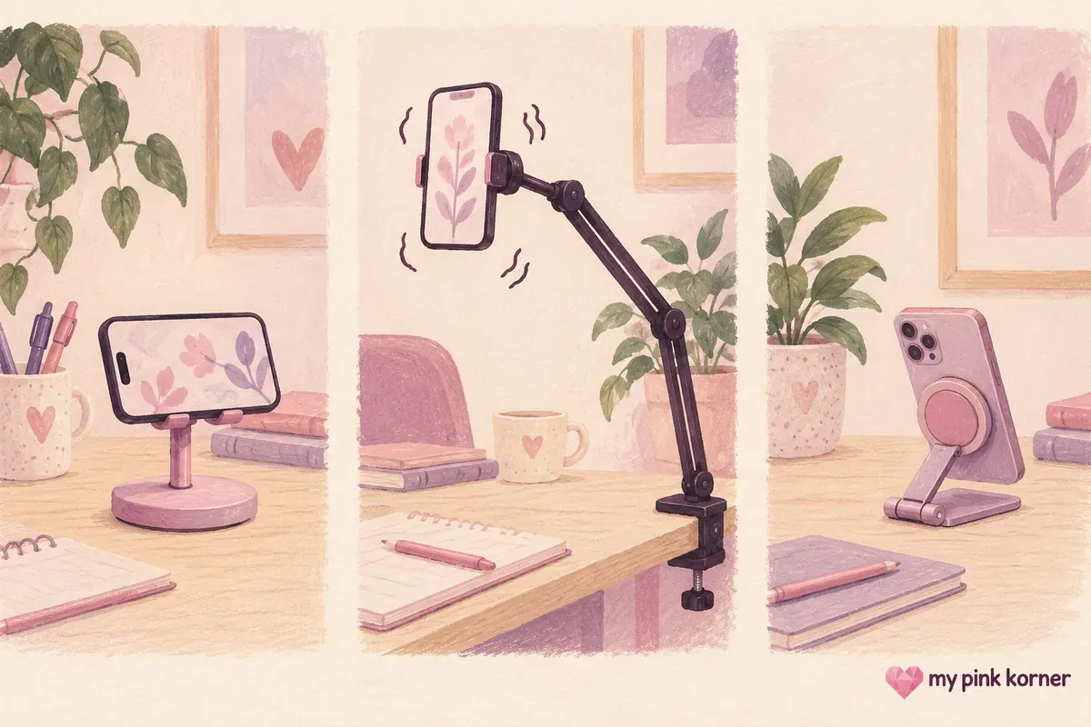 Illustrated comparison of weighted, clamped and magnetic phone mounts with stability cues