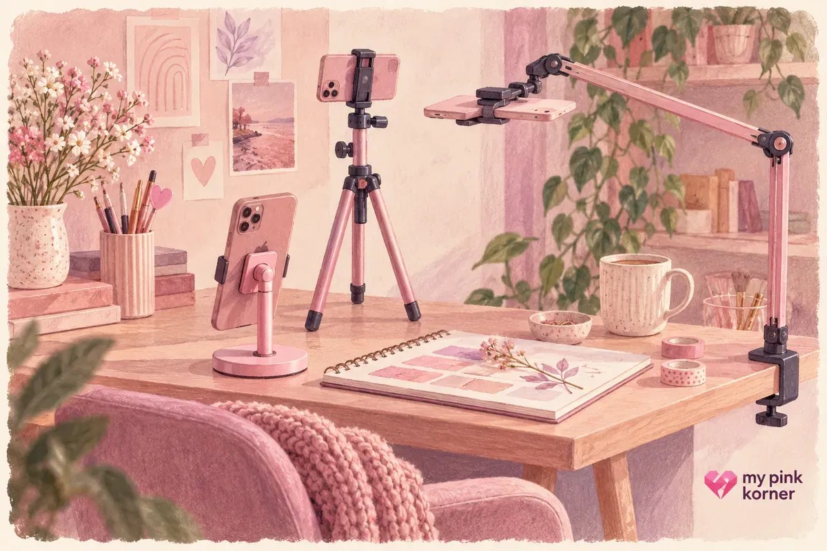 Soft gouache illustration of a pink phone holder, weighted desk tripod and overhead camera arm around a cozy desk