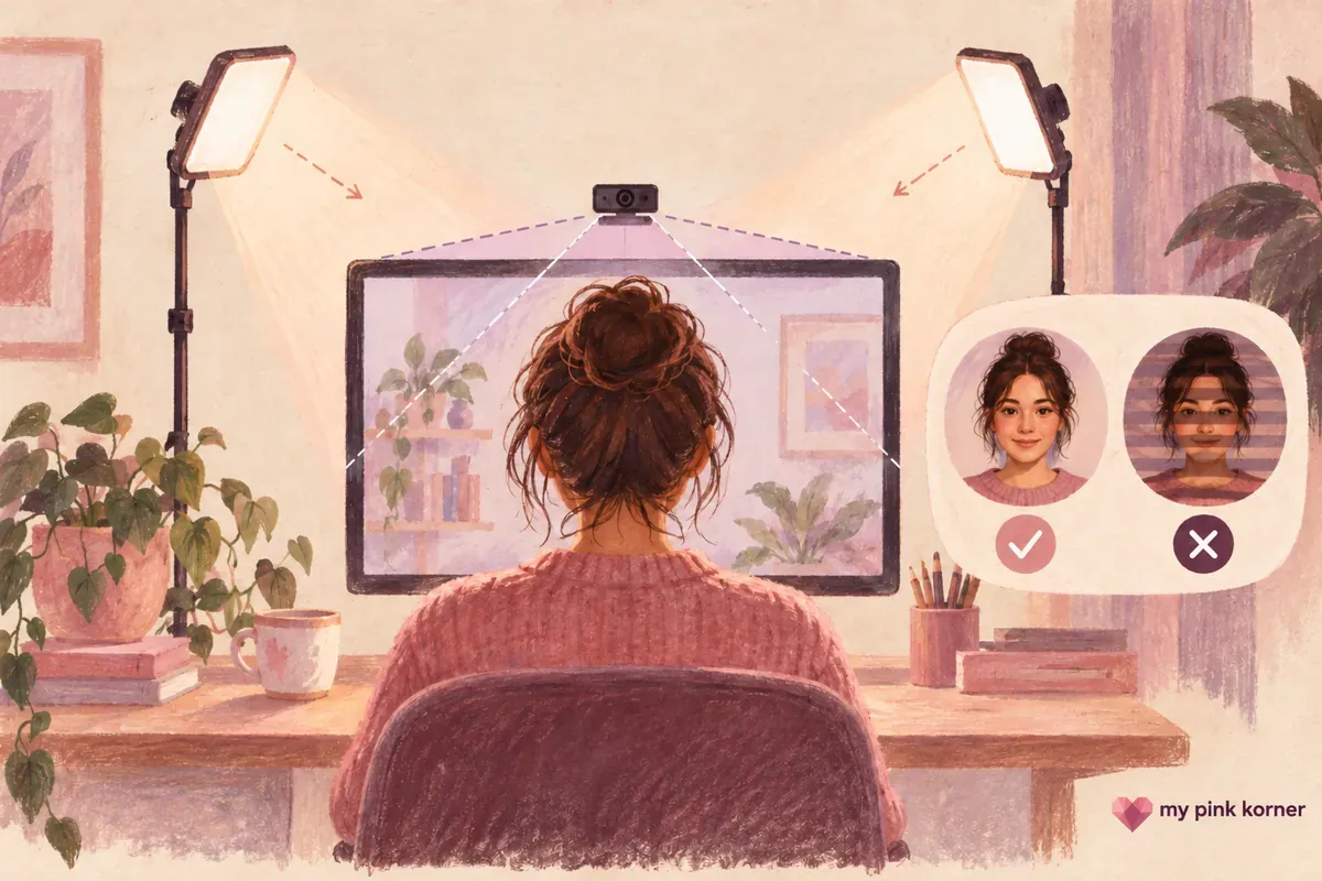 Illustrated webcam lighting diagram showing field of view, catchlights and a ring light placed at ten and two o'clock