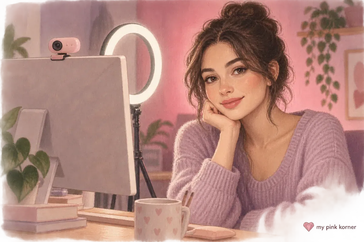 Soft hand-painted pink webcam and ring light arranged around a monitor with flattering neutral face light