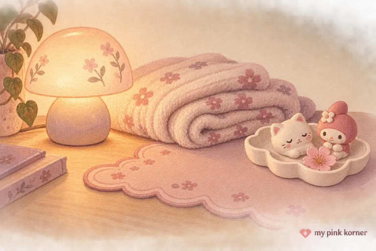 Illustrated cozy setup formula showing warm light, soft texture and small meaningful objects