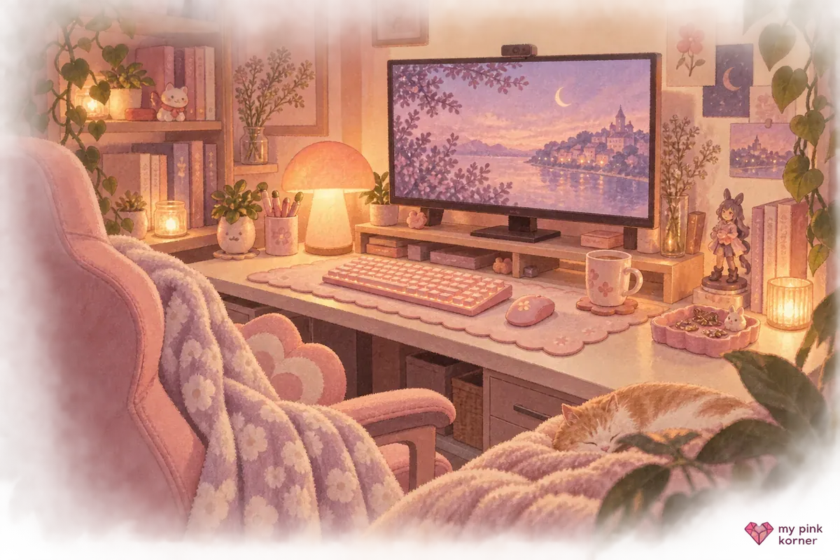 Warm hand-painted cozy gaming corner with soft pink textiles, little collected objects and pools of amber light
