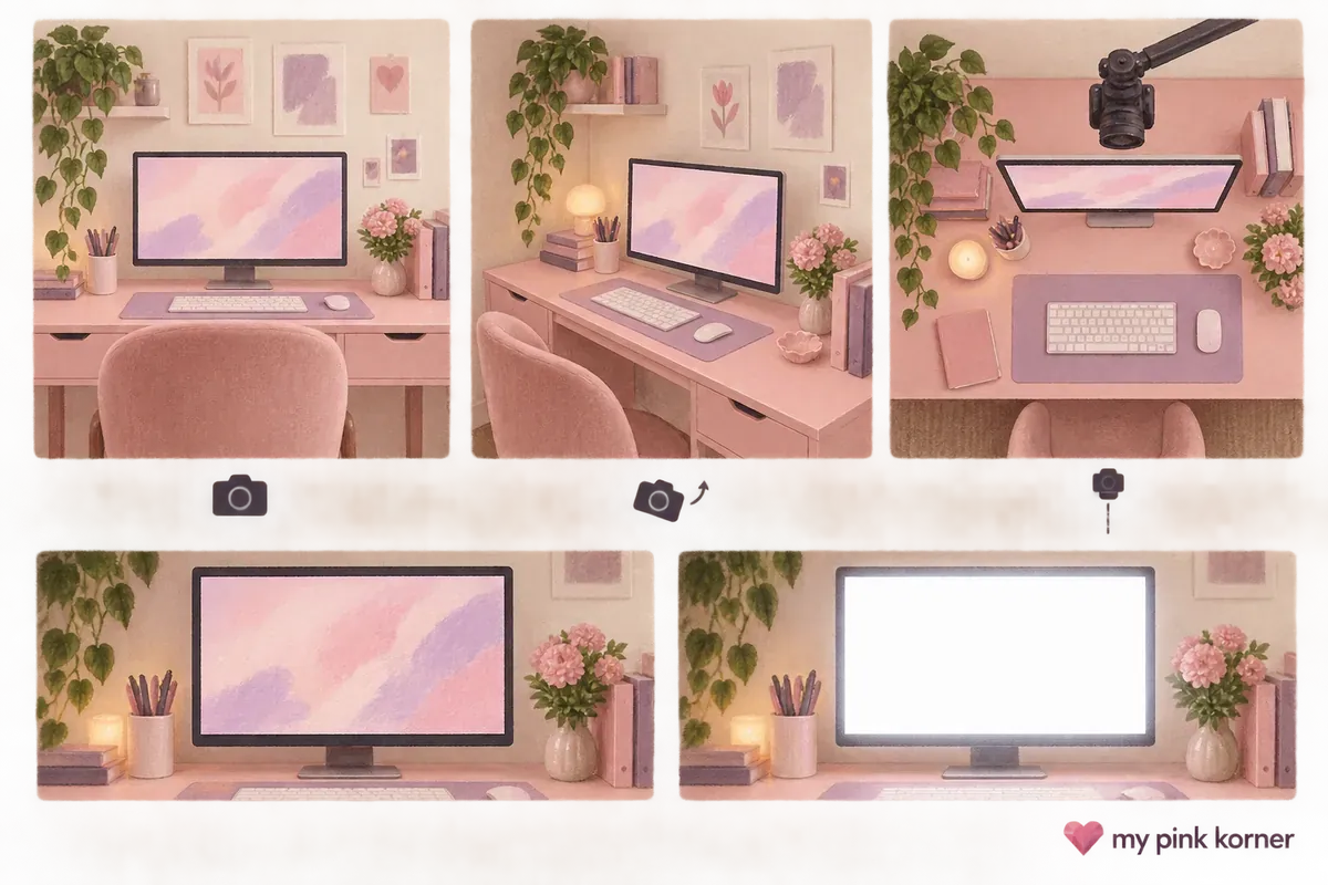 Illustrated desk photography guide comparing three camera angles and balanced exposure
