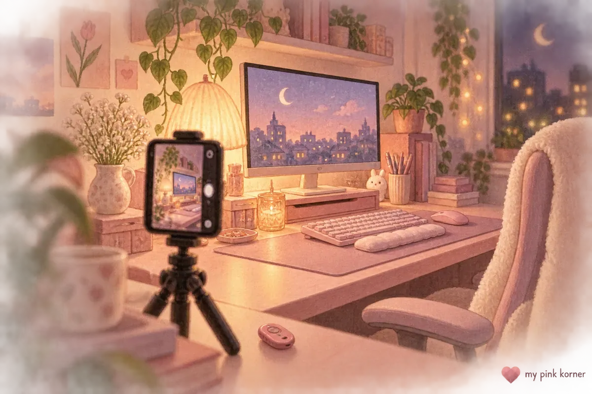 Soft editorial illustration of a phone photographing a pink desk at night with controlled monitor brightness and warm side light