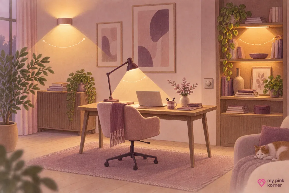 Illustrated room-lighting plan with warm ambient pools, task light at the desk and gentle wall light