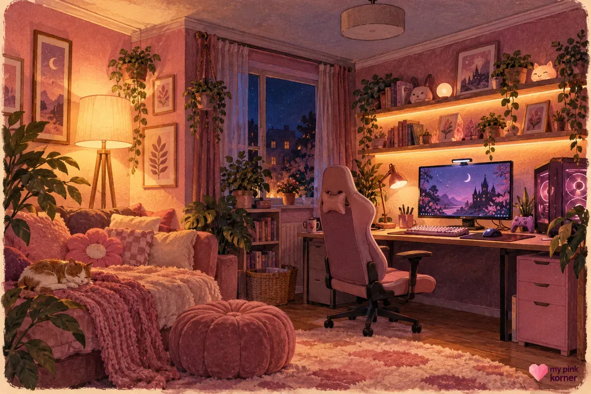 Soft hand-painted cozy pink gaming room lit by a floor lamp, desk lamp and warm shelf glow instead of a ceiling light