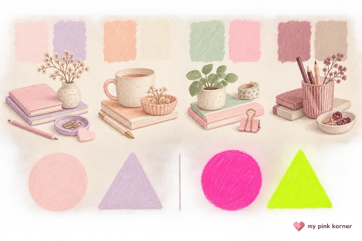 Illustrated pastel palette test comparing lightness and chroma across pink, lavender and mint accessories