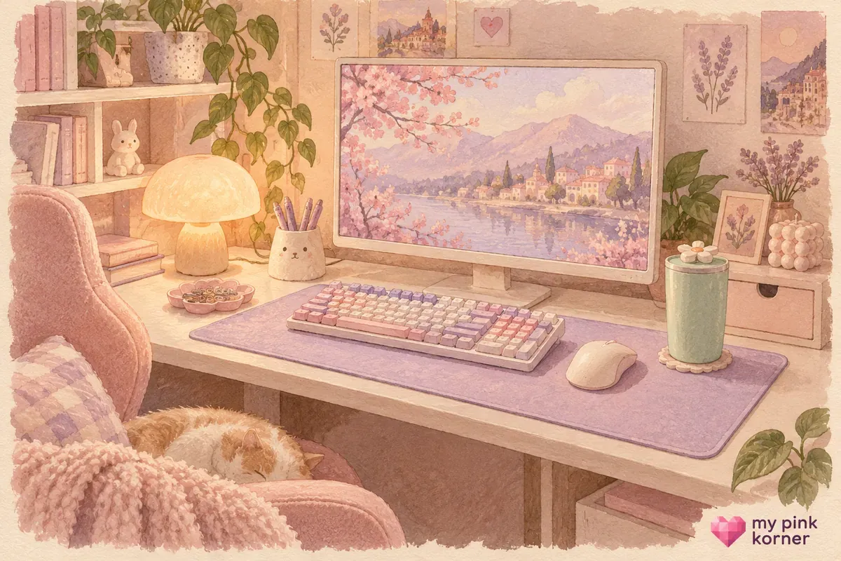 Soft gouache pastel gaming desk built from blush pink, lavender, mint and cream objects under warm neutral light