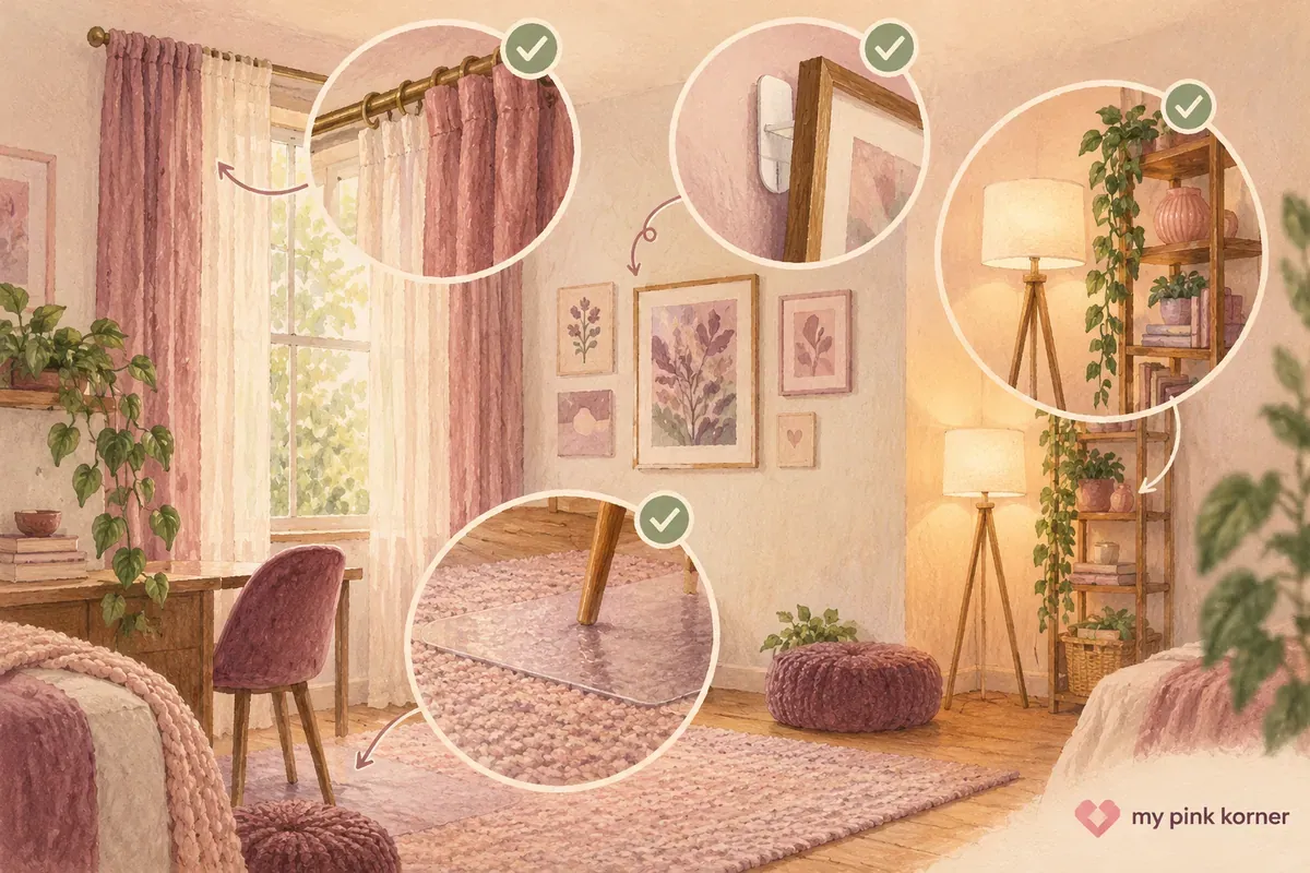 Illustrated renter-friendly room plan marking removable wall, window, floor and corner changes