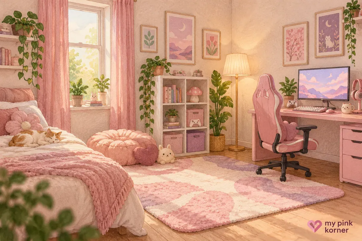 Soft hand-painted rented pink gaming bedroom with removable wall details, curtains, rug, shelving and a cozy floor seat
