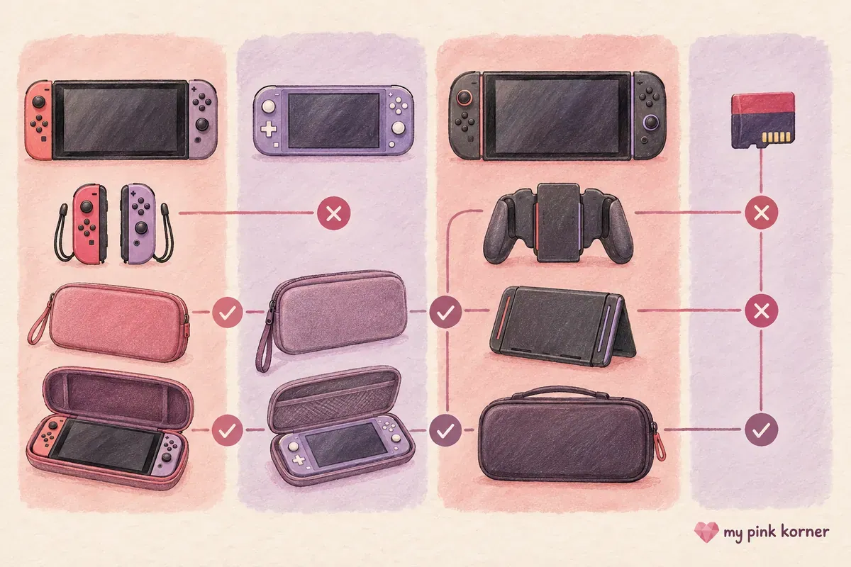 Illustrated Nintendo Switch compatibility map for Joy-Con, cases, screen sizes and microSD Express storage