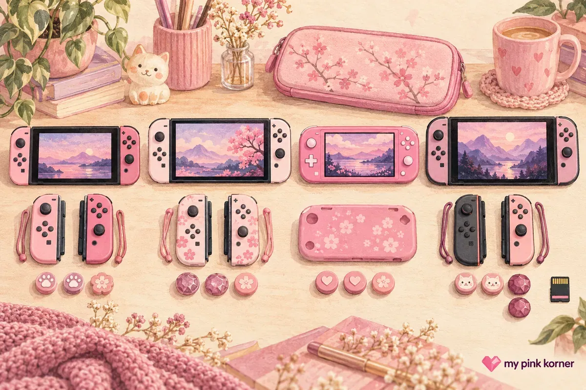 Soft colored-pencil and gouache illustration of pastel pink Nintendo Switch accessories sorted around original Switch, OLED, Lite and Switch 2 silhouettes