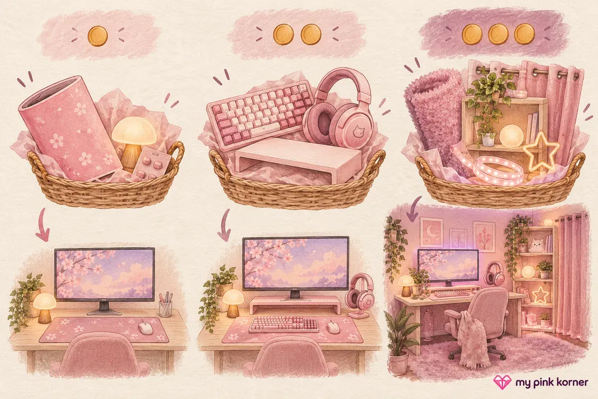 Illustrated three-budget roadmap from small cozy upgrades to a complete pink gaming room