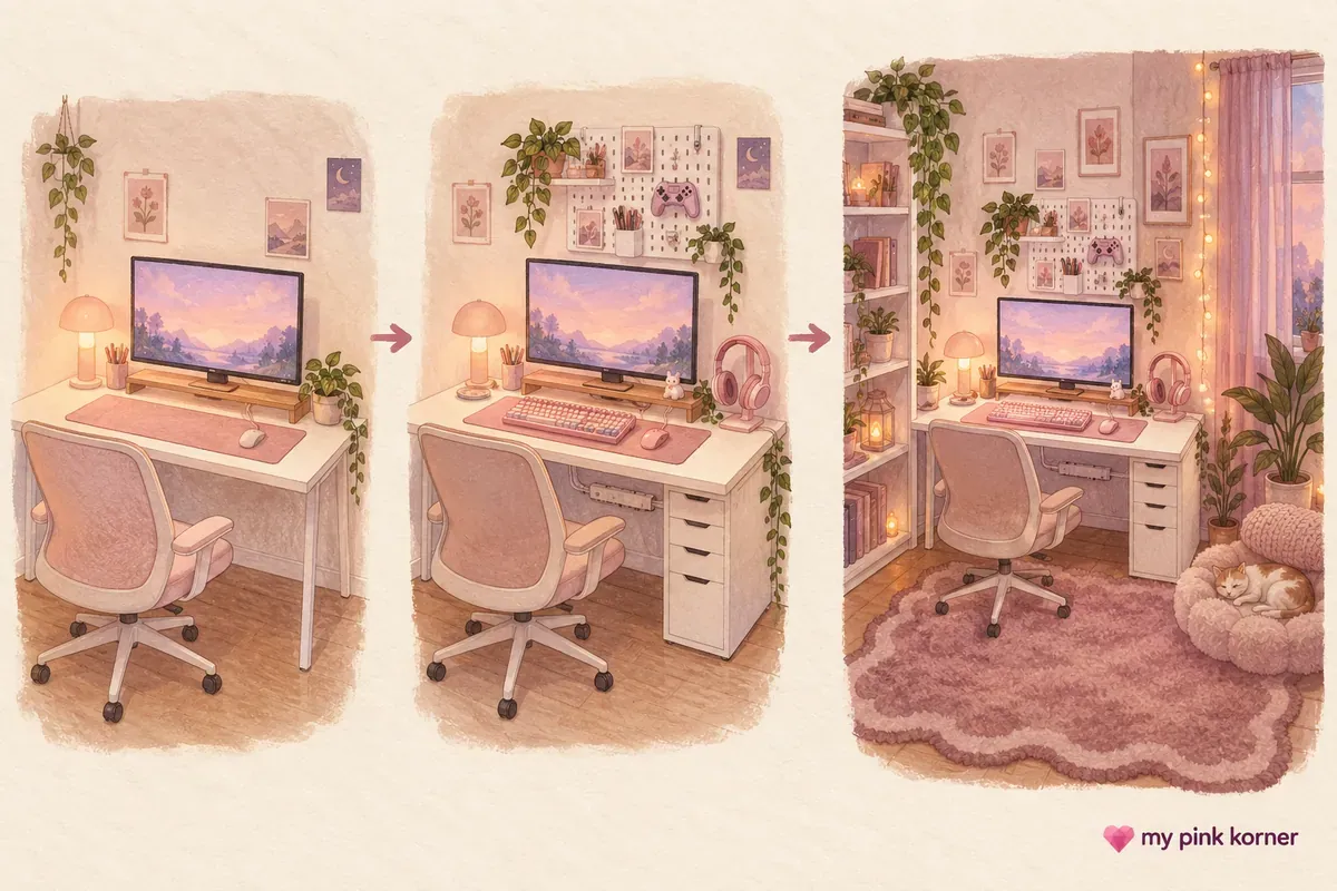Soft editorial illustration of one pink gaming corner growing through three realistic budget stages