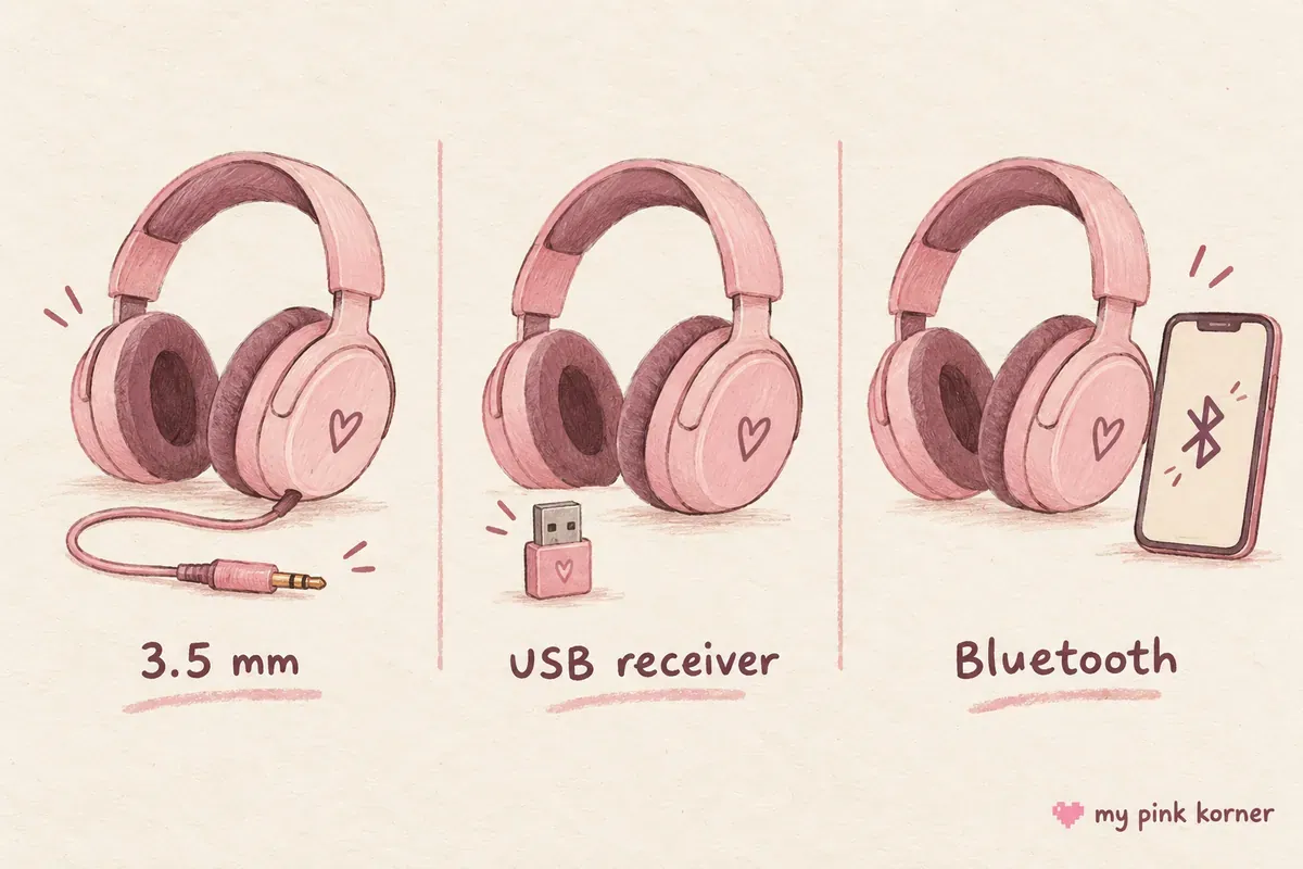 Illustrated headset connection types: a 3.5 millimeter plug, USB receiver and Bluetooth phone connection