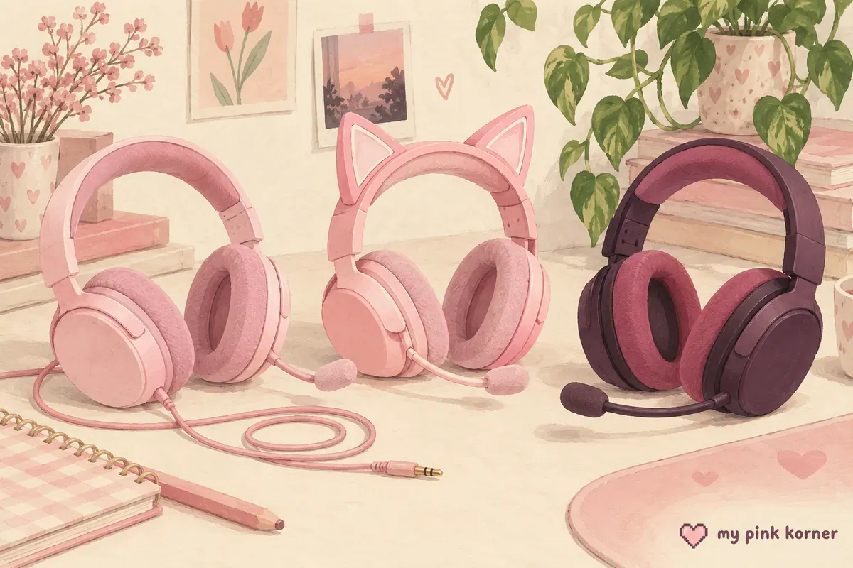 Three softly illustrated pink gaming headsets with wired, cat-ear and magenta-accented designs