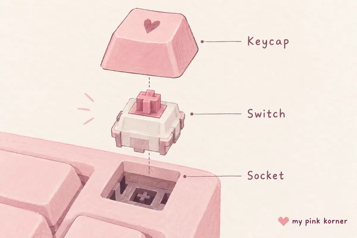 Simple exploded illustration separating a keyboard's keycap, mechanical switch and socket