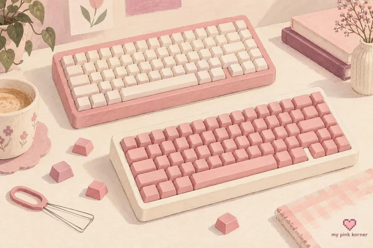 Hand-painted comparison of a pink keyboard case and a cream keyboard with pink keycaps