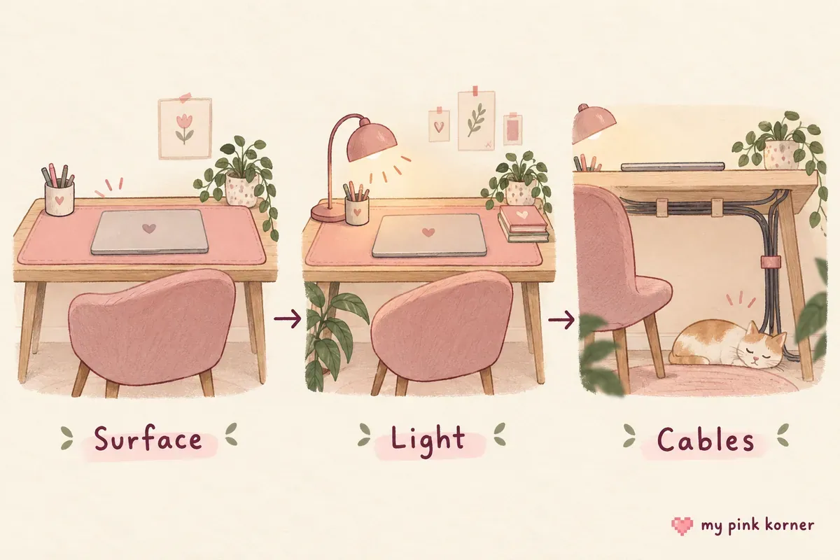 Illustrated gift sequence showing a desk surface, a warm lamp and tidied cables