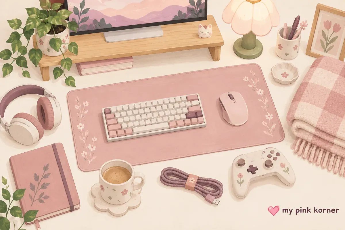 Soft pink illustration of a desk mat, wooden monitor riser, flower lamp and cozy blanket as gaming gifts