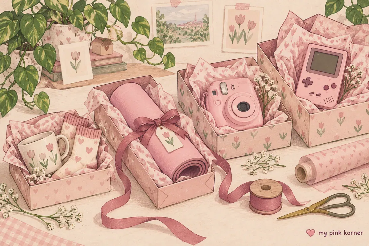 Soft gouache illustration of gaming gifts from a tiny pink mug to a keyboard, instant camera and retro handheld