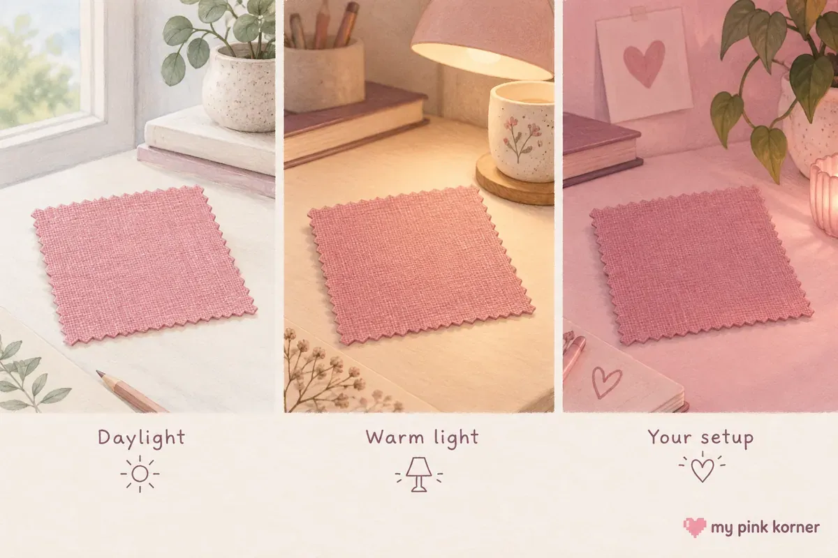 The same pink swatch illustrated in daylight, warm light and pink ambient light