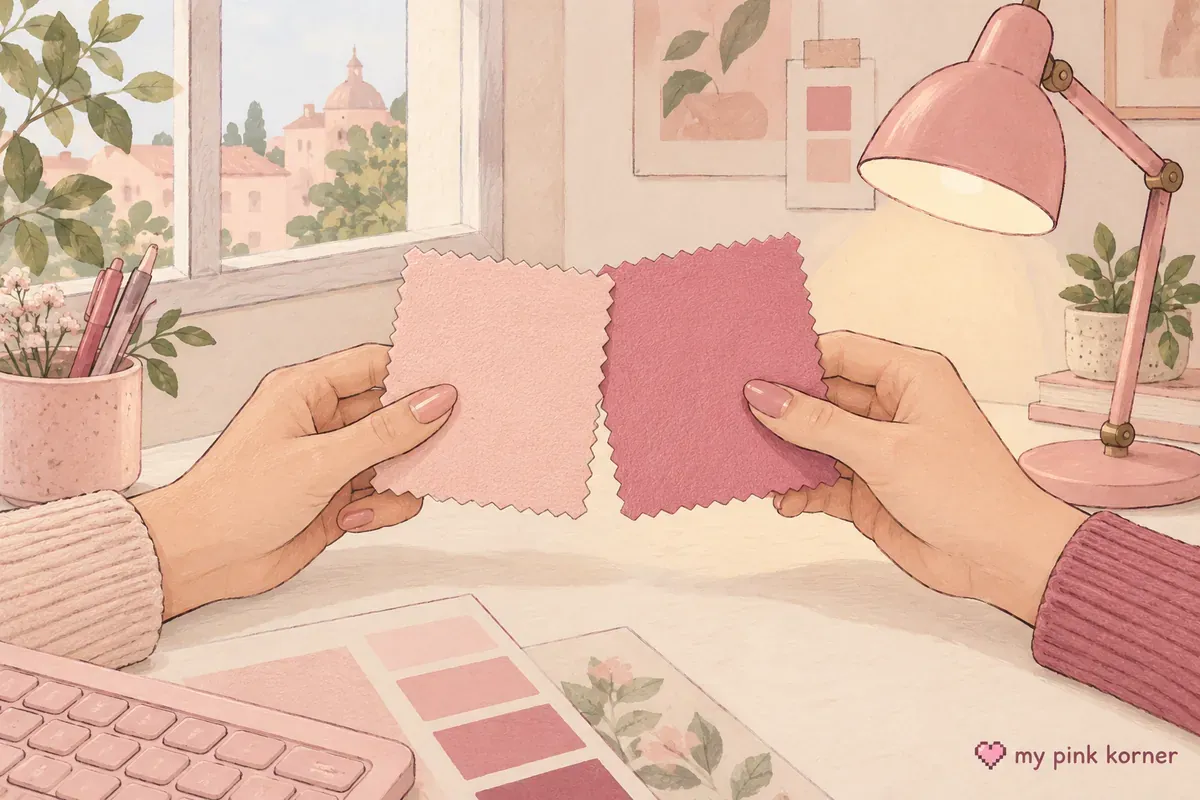 Illustration of hands comparing pink swatches beside daylight and a warm desk lamp