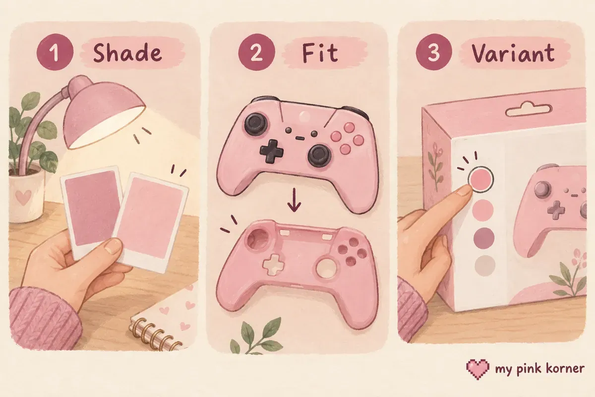 Three illustrated checks for a pink gift: shade, fit and product variant
