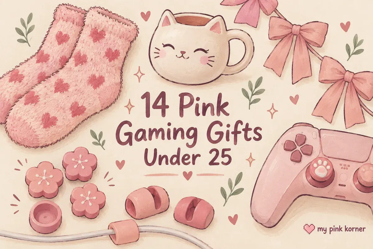 Hand-painted pink stocking gifts including a mug, fuzzy socks, bows and controller thumb grips