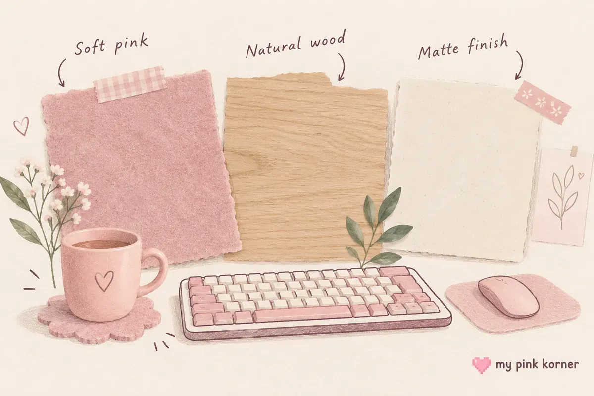 Hand-painted material palette of soft pink felt, natural wood and matte cream ceramic