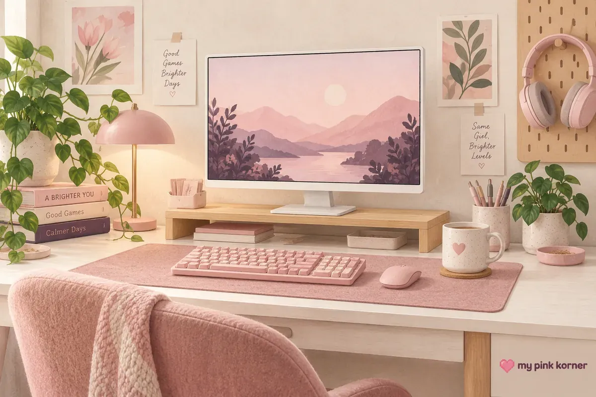 Calm illustrated gaming desk with a dusty pink mat, neutral monitor, wooden riser and ceramic mug