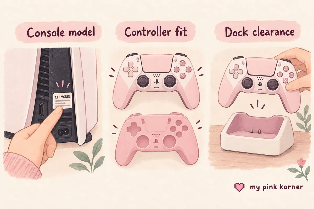 Illustrated checks for console model, controller fit and charging dock clearance