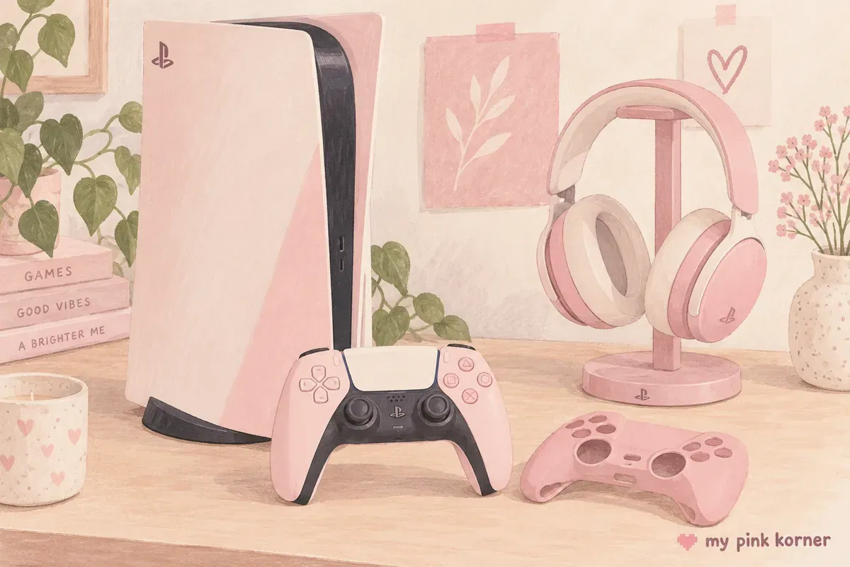 Illustrated pink PlayStation-style console, controller cover and headset stand