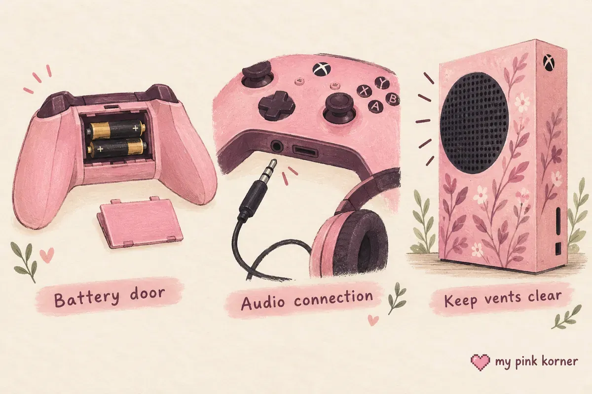 Xbox accessory checklist showing battery door access, a headset plug and an uncovered console vent