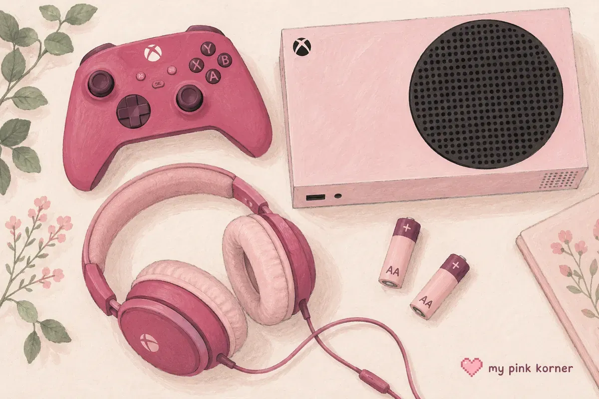 Gouache illustration of a deep pink controller, pink Xbox-style console with its black vent exposed, wired headset and AA batteries