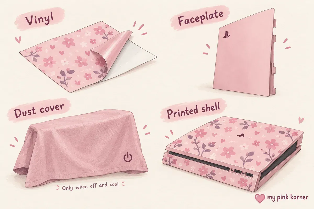 Four illustrated console coverings: thin vinyl, a rigid faceplate, a fabric dust cover and a printed shell
