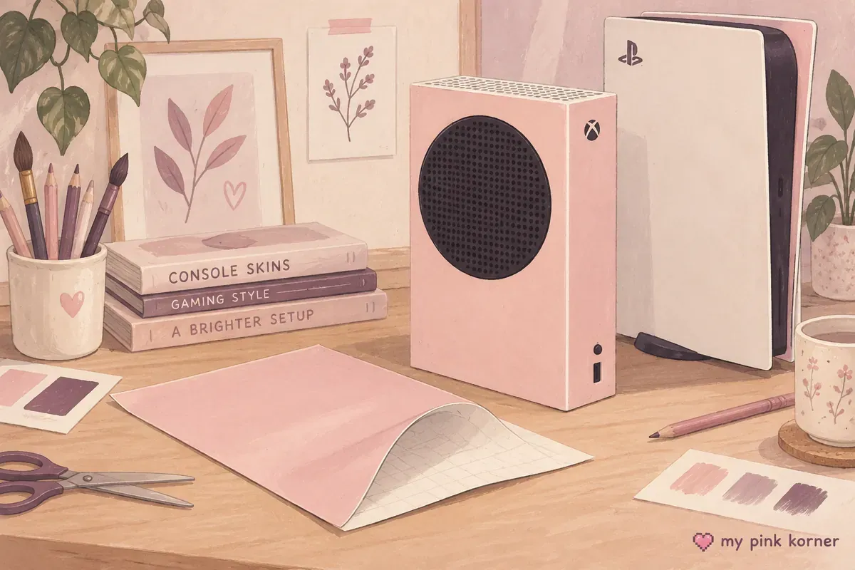 Hand-painted pink vinyl sheet curling beside console silhouettes with ventilation openings left clear