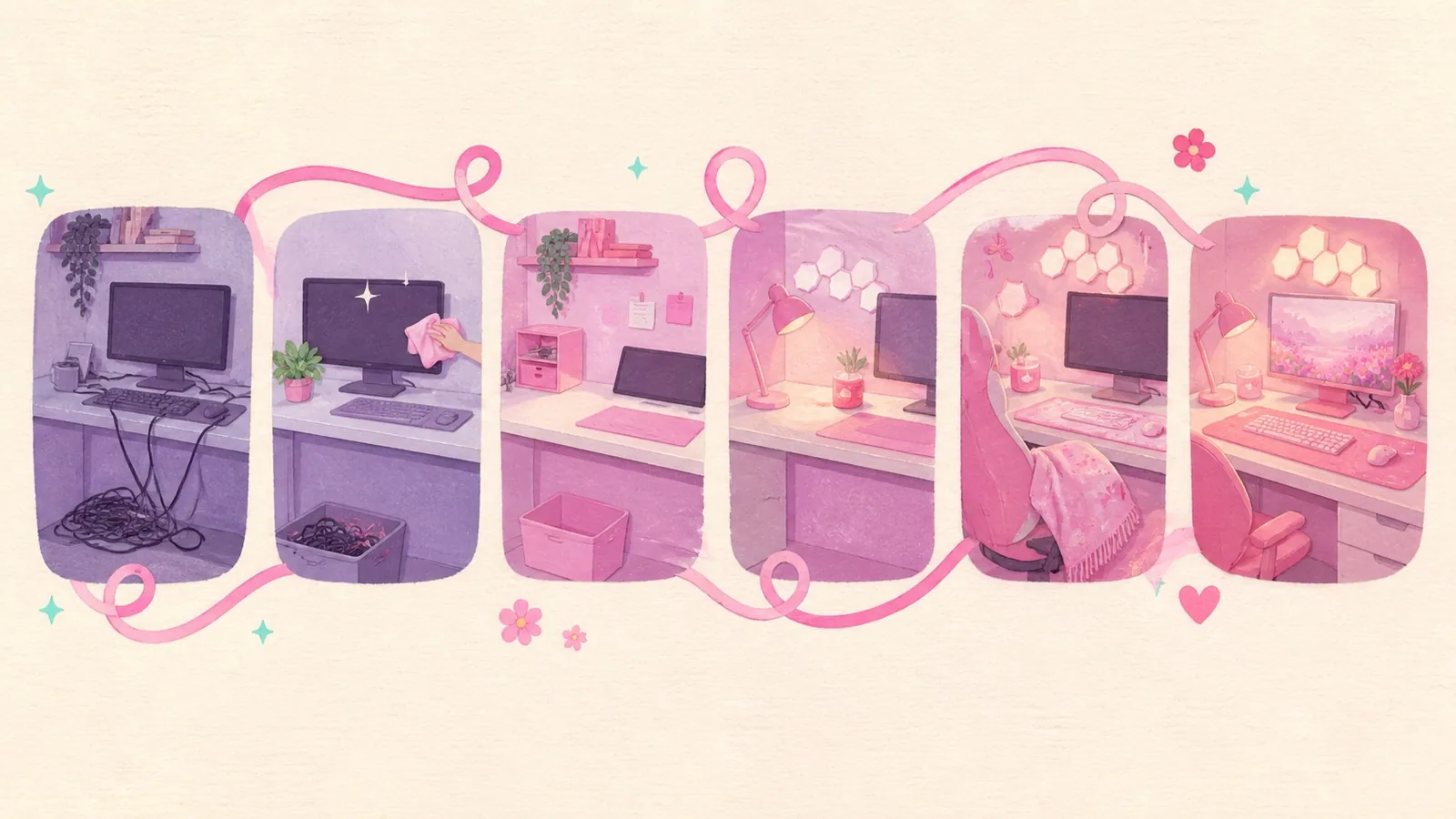 Six illustrated stages showing a cluttered gaming desk becoming a cozy pink setup over one weekend