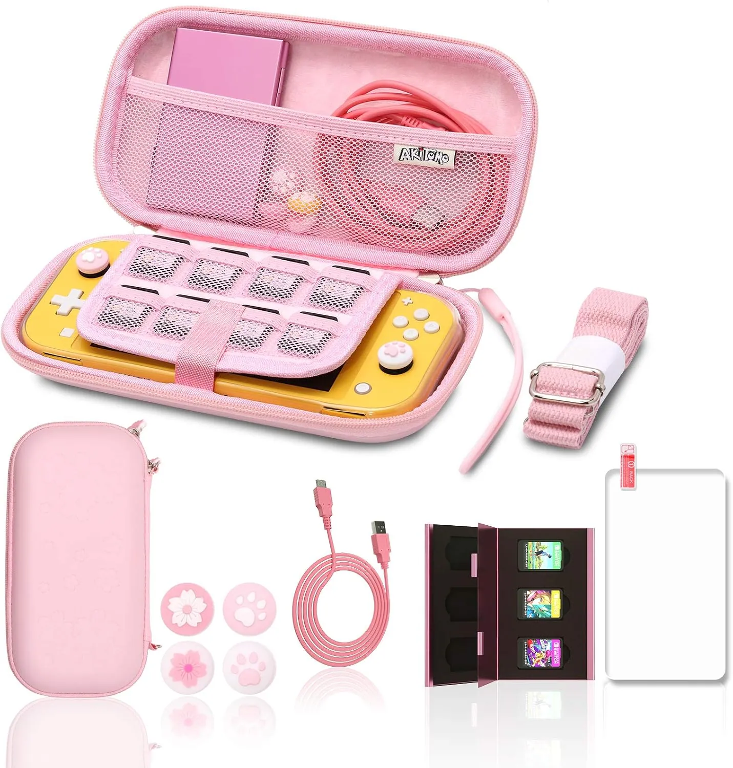 Switch lite Pink Accessories, Sakura Pink Carry Case with Clear Case for Switch lite, Pink Game Case, Coral USB C Cable, Cute Thumb Grips, Screen Protector, Wrist Strap and Shoulder Strap (11 in 1)